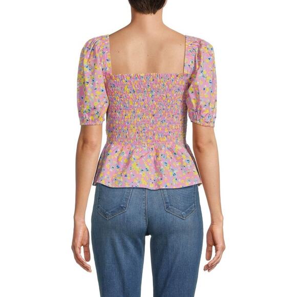 French Connection Stacie Daisy Print Smocked Peplum Top Moonlite Pink - Picture 2 of 8